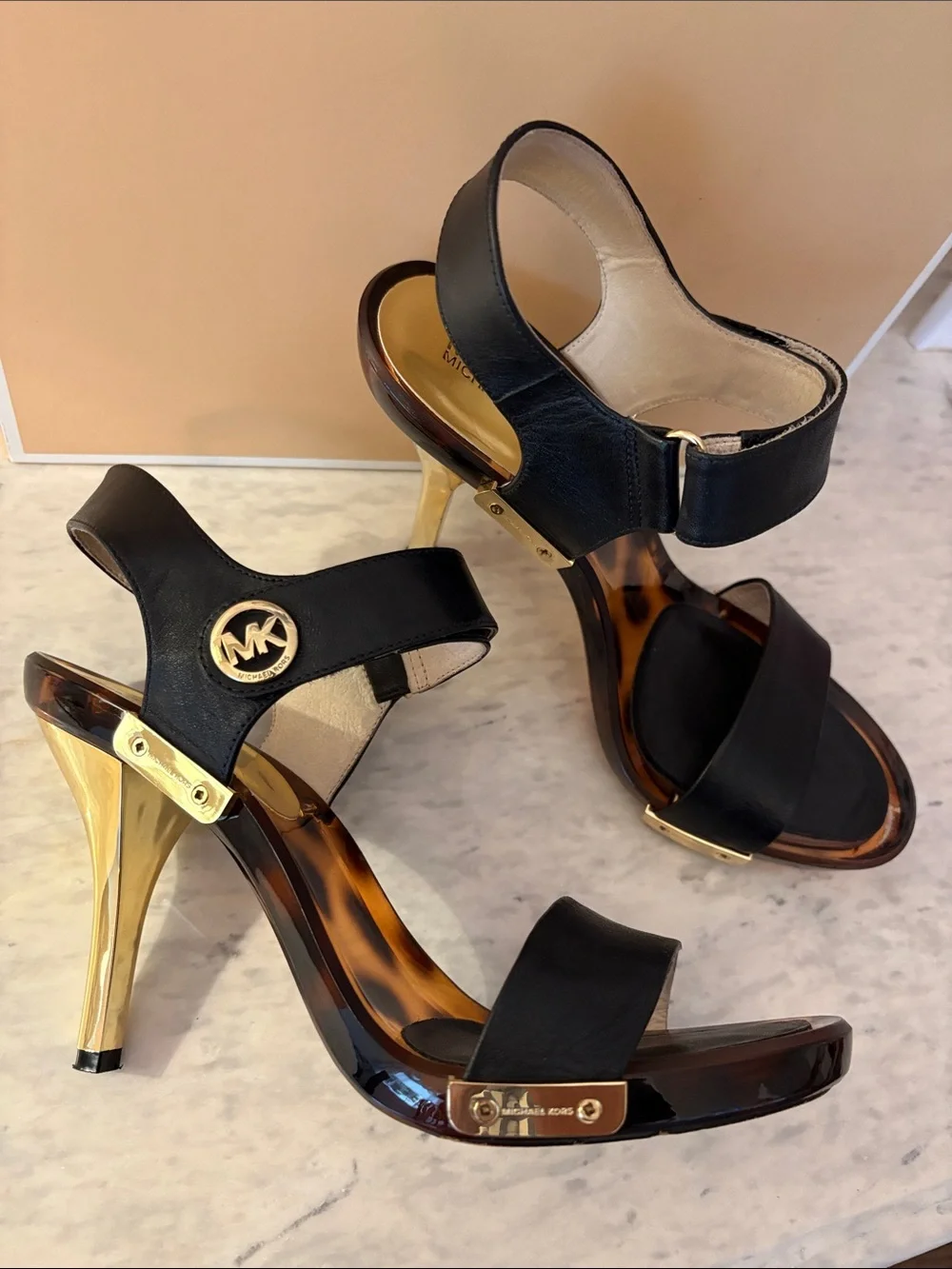 Michael Kors Black Leather Lani Sandals with Gold Accents size 9